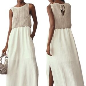 Anthropogie Moth Beige and White Backless Dress